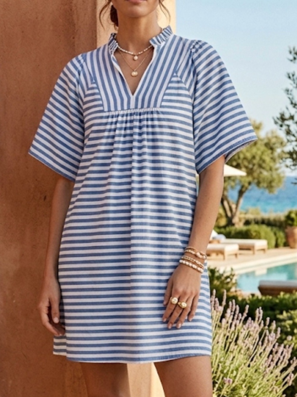 Sofia Made in Italy Blue White Striped Ruffle V-Neck Flutter Sleeve Mini Dress